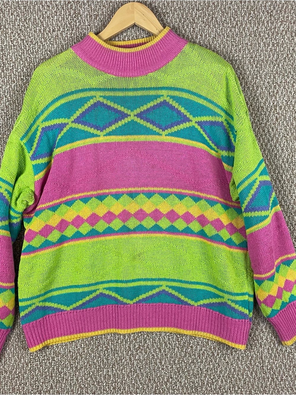 Vintage 90s Sweater Women’s Medium Bright Knit Mock Neck Fresh Prince 80s Ws